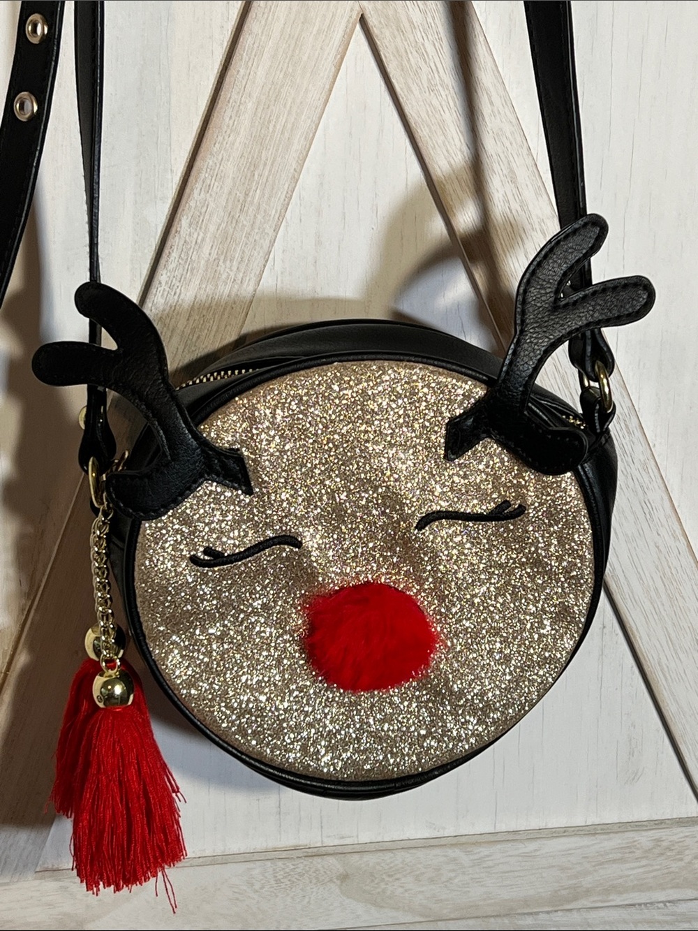 Festive Glitter Reindeer Crossbody Bag with Red Pom Accent